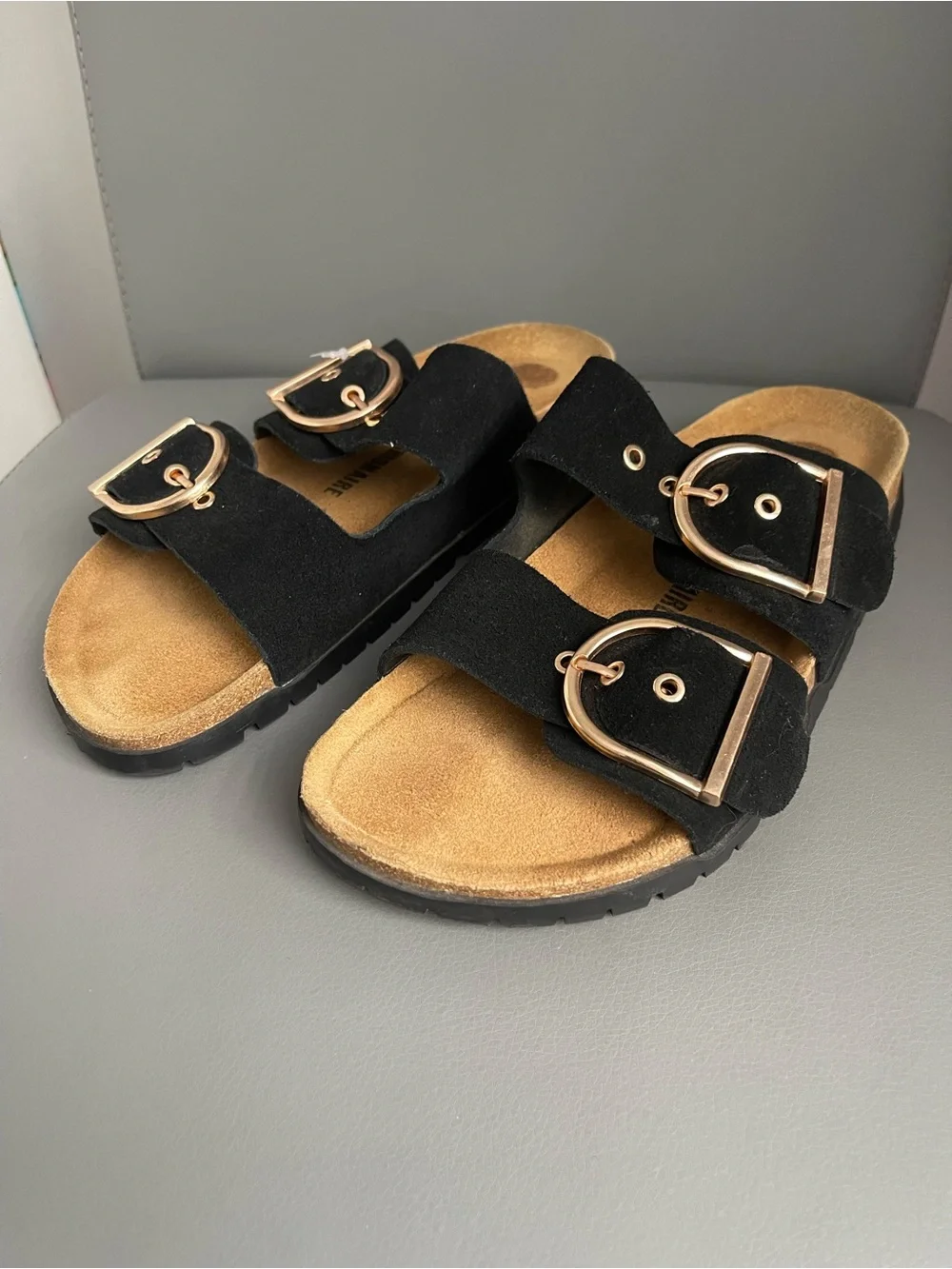 CUSHIONAIRE Black Suede Double Buckle Adjustable Slide Sandals Women 10W